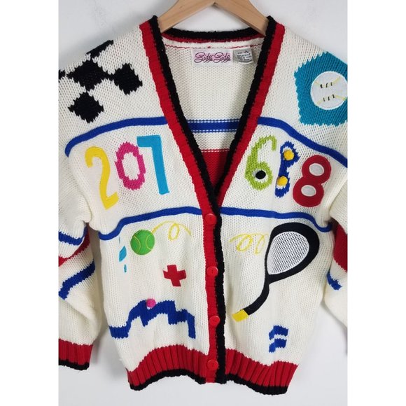 Vtg. Side by Side Kids Sz. 8 Novelty/Tennis/Numbers Knit Button Up Cardigan - Picture 3 of 6